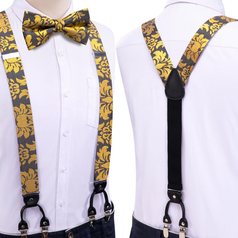 Dubulle Black and Gold Suspender for Men with Bow Tie Pocket Square Set Sparkles Gold Grey Brace Bowties Set - Image 2